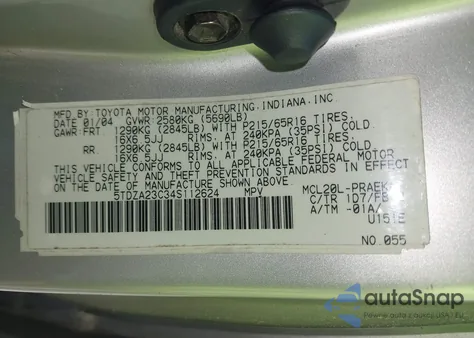 2004 Toyota Sienna Le из США, поврежденный, VIN 5TDZA23C34S112624